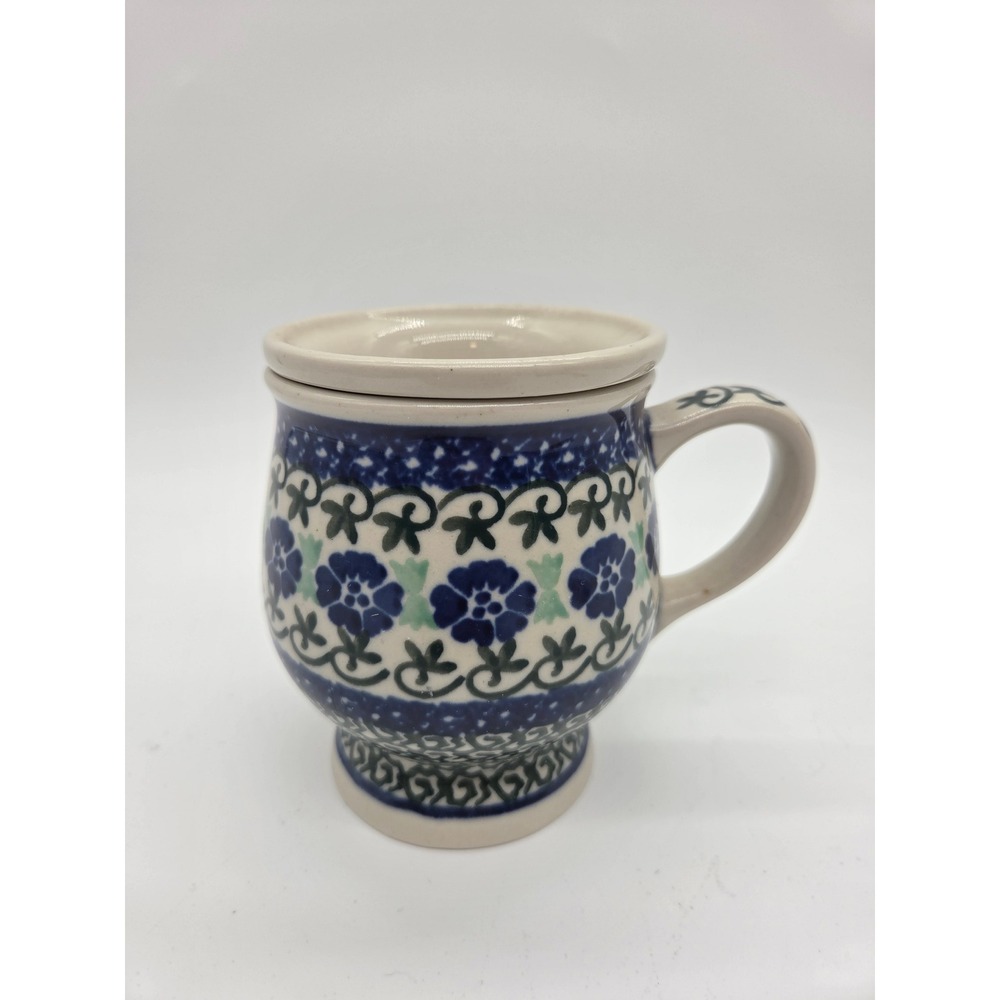 Polish Pottery Tea Mug with Strainer and Lid Blue Floral Stoneware Poland‎